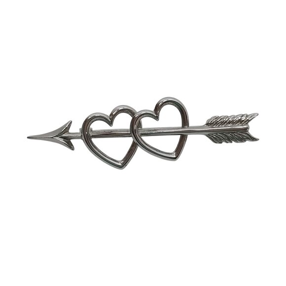 Sterling Silver Double Heart & Arrow Brooch Pin 2" Long Romantic Design - Picture 1 of 4